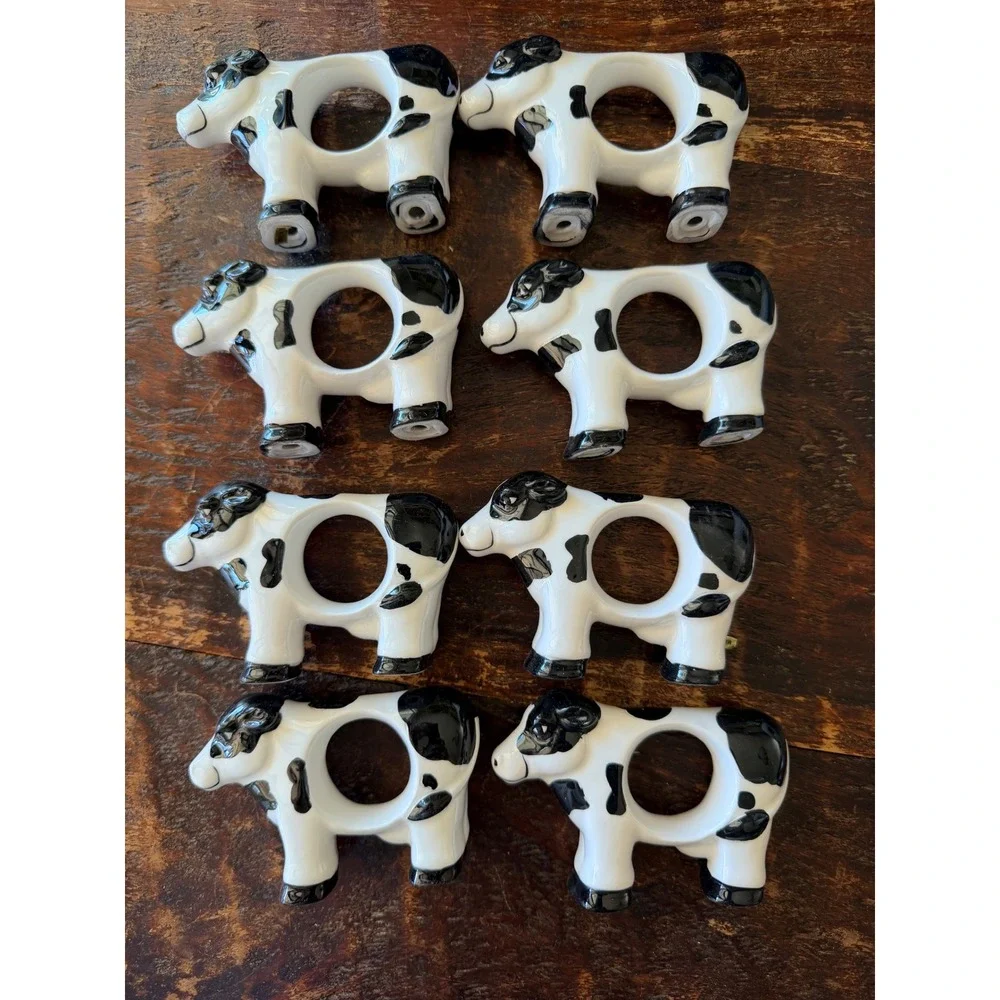 Boston Warehouse Cow Napkin Rings Set of 8 Ceramic Farmcore 1993 4in Black White